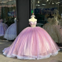 Off The Shoulder Pastel Pink Quince Dress With Illusion Bodice