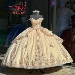 Off The Shoulder Pink Champagne Quince Dress With Metallic