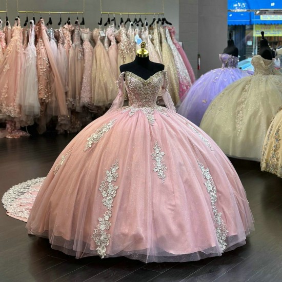 Off The Shoulder Puffy Pink Quinceanera Dresses With Long Sleeves