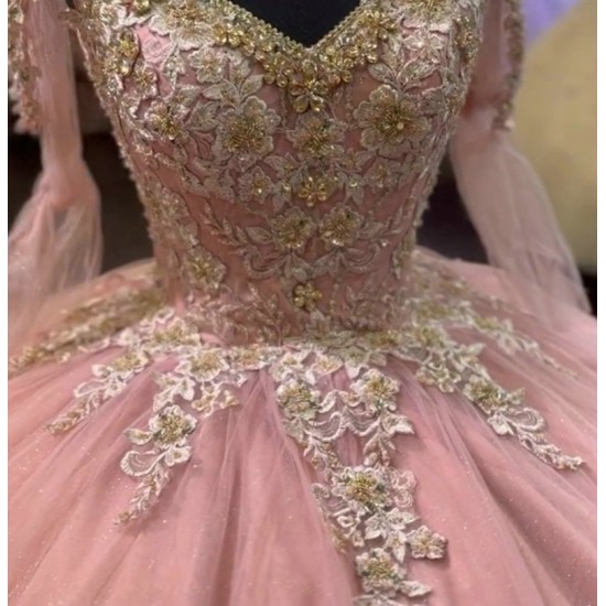 Off The Shoulder Puffy Pink Quinceanera Dresses With Long Sleeves