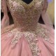 Off The Shoulder Puffy Pink Quinceanera Dresses With Long Sleeves