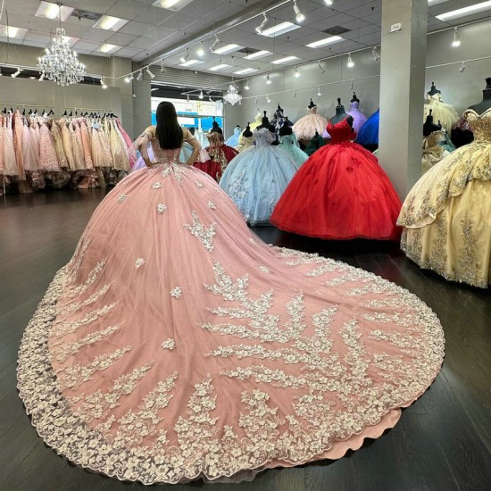 Off The Shoulder Puffy Pink Quinceanera Dresses With Long Sleeves