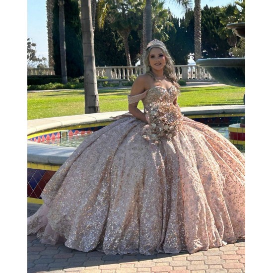 Off The Shoulder SParkly Quince Rose Gold Dresses Custom Made