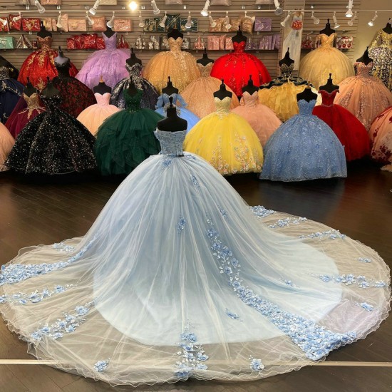 Off The Shoulder Sky Blue Quinceanera Dresses With 3D Flowers