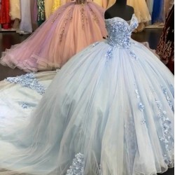 Off The Shoulder Sky Blue Quinceanera Dresses With 3D Flowers