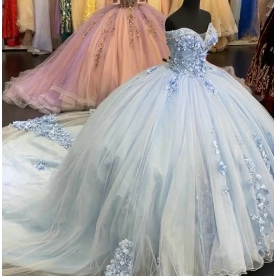 Off The Shoulder Sky Blue Quinceanera Dresses With 3D Flowers