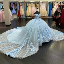 Off The Shoulder Sky Blue Quinceanera Dresses With 3D Flowers