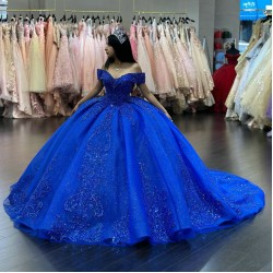 Off the Shoulder 2024 Instagram Puffy Royal Blue Quinceanera Dresses