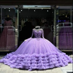 Pearl 15 Dresses Lavender Ruffled Quinceanera Dress With Long Sleeve