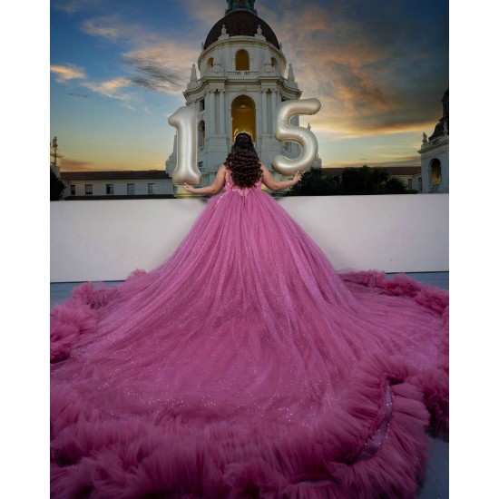 Plus Size Fuchsia Quince Dress V Neck Ruffled Vestidos De 15 Anos