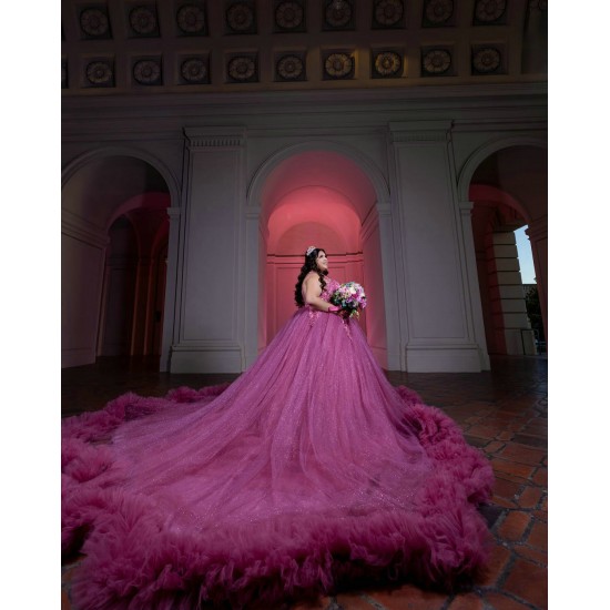 Plus Size Fuchsia Quince Dress V Neck Ruffled Vestidos De 15 Anos