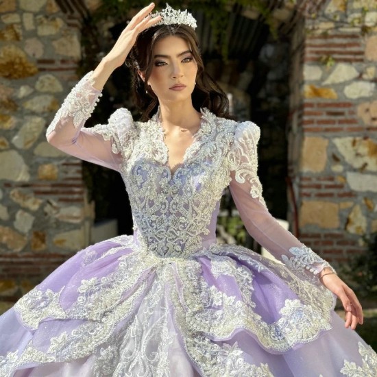 Princess Purple Quinceanera Dresses Rhinestones Long Sleeved Vestidos De 15 Anos