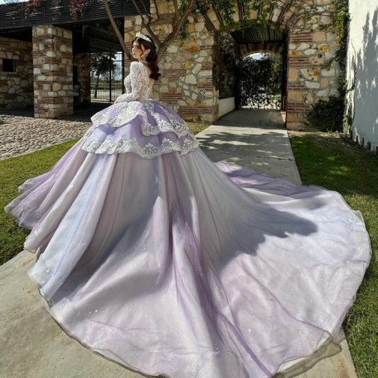 Princess Purple Quinceanera Dresses Rhinestones Long Sleeved Vestidos De 15 Anos