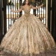 Princess Rose Gold Quinceanera Dresses Off Shoulder Ball Gown Crystals Sweet 15th Dress