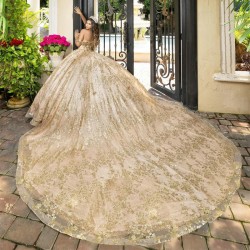 Princess Rose Gold Quinceanera Dresses Off Shoulder Ball Gown Crystals Sweet 15th Dress