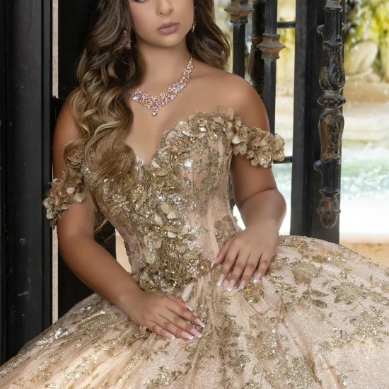 Princess Rose Gold Quinceanera Dresses Off Shoulder Ball Gown Crystals Sweet 15th Dress