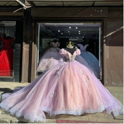 Puff Sleeve Crystal Pink Purple Quinceanera Dresses V Neck 15 Dress