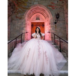 Puff Sleeve Girl Birthday Party Gown Pink Quince Dress