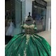 Puff Sleeve Green Quinceanera Dress Spaghetti Strap Metallic Leaf 15 Dresses