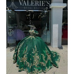 Puff Sleeve Green Quinceanera Dress Spaghetti Strap Metallic Leaf 15 Dresses