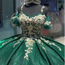 Puff Sleeve Green Quinceanera Dress Spaghetti Strap Metallic Leaf 15 Dresses