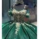 Puff Sleeve Green Quinceanera Dress Spaghetti Strap Metallic Leaf 15 Dresses