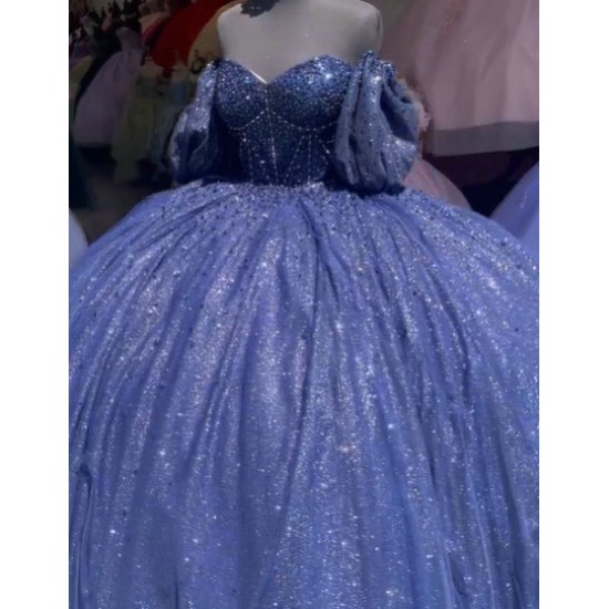 Puff Sleeve Navy Blue Quince Dresses Tulle 15 Dress Sweetheart Neck Ball Gown