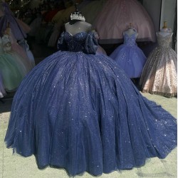 Puff Sleeve Navy Blue Quince Dresses Tulle 15 Dress Sweetheart Neck Ball Gown