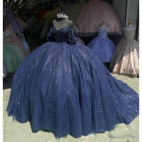 Puff Sleeve Navy Blue Quince Dresses Tulle 15 Dress Sweetheart Neck Ball Gown