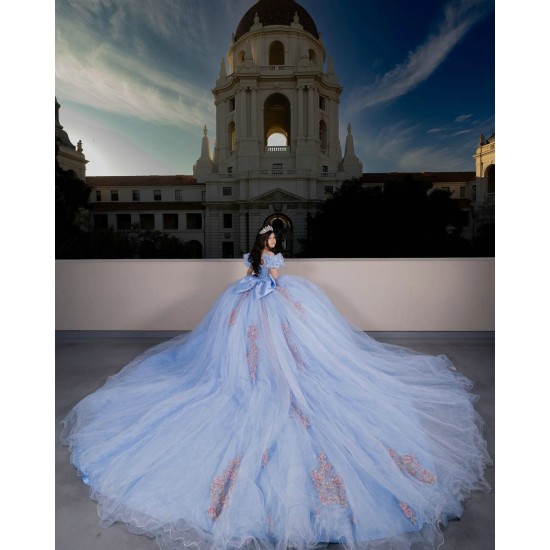 Puff Sleeve Quince Dress Sky Blue Vestidos De 15 Anos With Bow