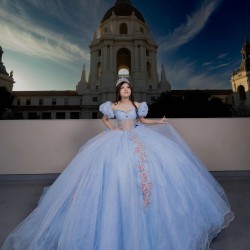 Puff Sleeve Quince Dress Sky Blue Vestidos De 15 Anos With Bow