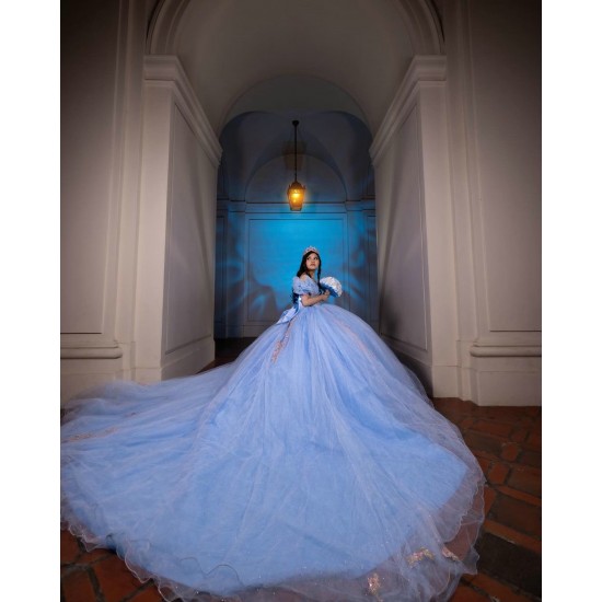 Puff Sleeve Quince Dress Sky Blue Vestidos De 15 Anos With Bow