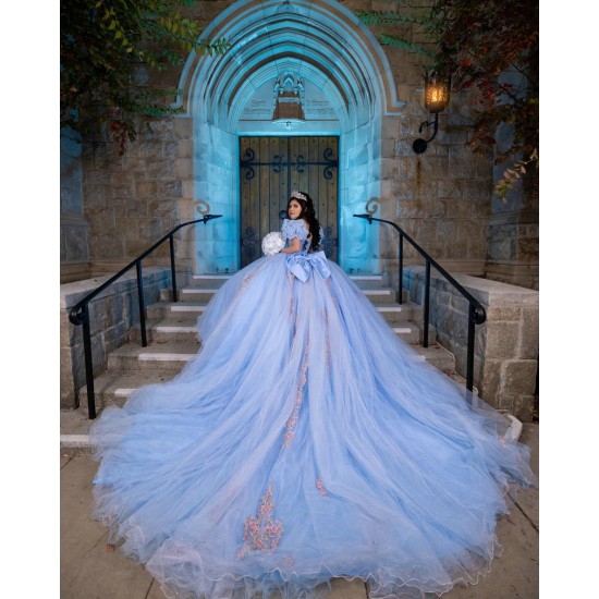 Puff Sleeve Quince Dress Sky Blue Vestidos De 15 Anos With Bow