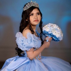 Puff Sleeve Quince Dress Sky Blue Vestidos De 15 Anos With Bow