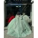 Puff Sleeve Sage Green Quinceanera Dresses Ball Gown Sweetheart 15 Dress With Bow