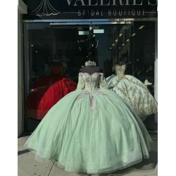 Puff Sleeve Sage Green Quinceanera Dresses Ball Gown Sweetheart 15 Dress With Bow