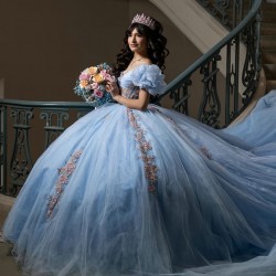 Puff Sleeve Sky Blue Quinceanera Dresses Sweetheart Neck 15 Dress