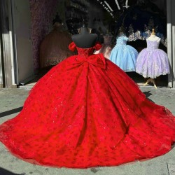 Red Quince Dresses Scoop Neck Ball Gown Metallic Sequin 15 Dress With Bow