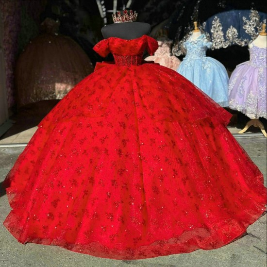 Red Quince Dresses Scoop Neck Ball Gown Metallic Sequin 15 Dress With Bow