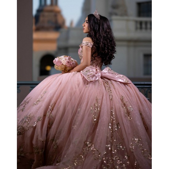 Rose Gold Quinceanera Dress Off Shoulder Princess Dresses With Bow