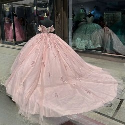 Rose Gold Quinceanera Dresses Lace Appliqued Off Shoulder 15 Dress