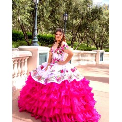 Ruffle Off Shoulder White On Pink Quinceanera Dress Sweetheart Neck 15 Dresses