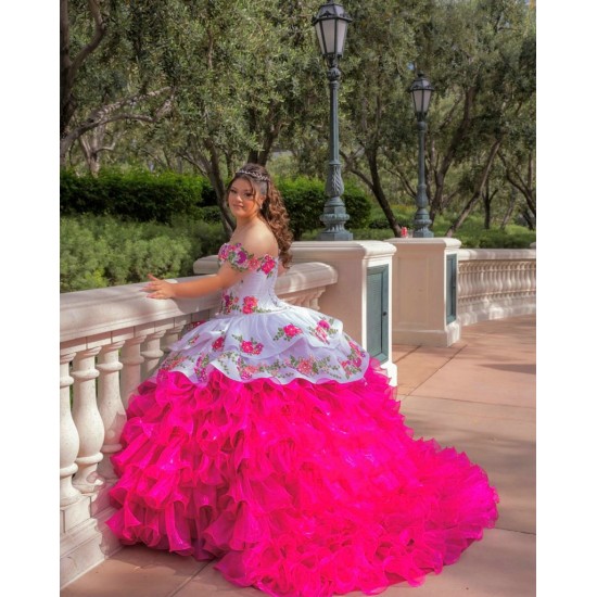 Ruffle Off Shoulder White On Pink Quinceanera Dress Sweetheart Neck 15 Dresses