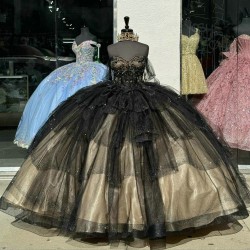 Ruffled Black On Champagne Quince Dresses Lace Appliques Off Shoulder 15 Dress