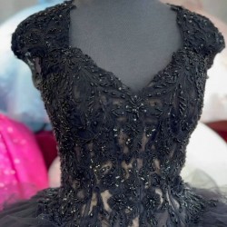 Ruffled Black Quince Dress V Neck Beading Ball Gown Metallic Sequin 15 Dresses