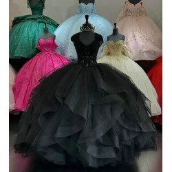 Ruffled Black Quince Dress V Neck Beading Ball Gown Metallic Sequin 15 Dresses