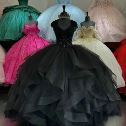 Ruffled Black Quince Dress V Neck Beading Ball Gown Metallic Sequin 15 Dresses