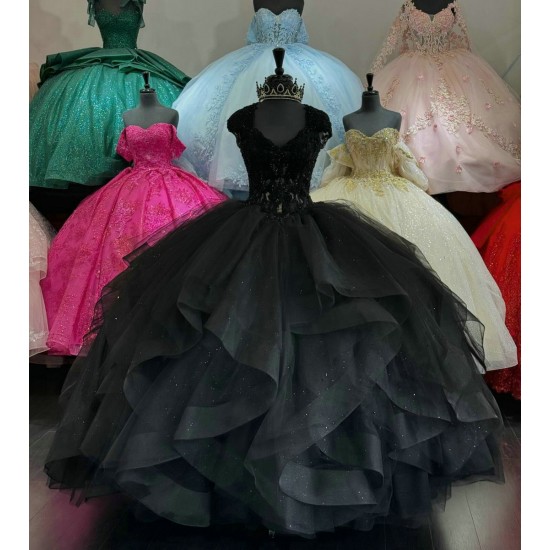 Ruffled Black Quince Dress V Neck Beading Ball Gown Metallic Sequin 15 Dresses