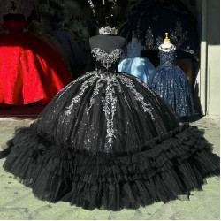 Ruffled Black Quinceanera Dresses Sweetheart Neck Sleeveless 15 Dress