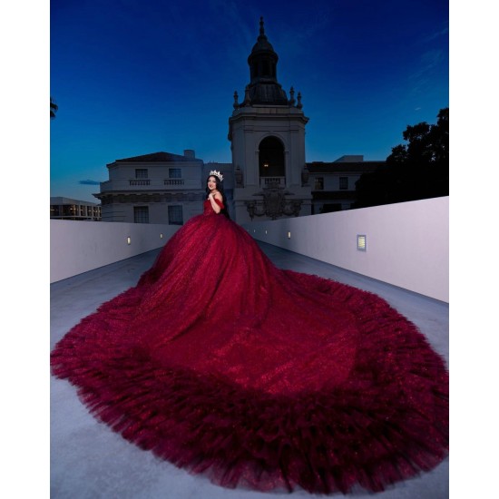 Ruffled Burgundy Quinceanera Dress Off Shoulder Princess Dresses